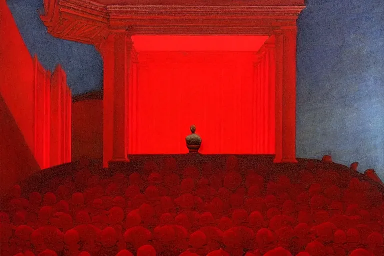 Image similar to only with red, a red melted emperor in an authoritarian position, taormina amphitheatre, crowd hails him, in the style of beksinski, parts by edward hopper, parts by rodcenko, parts by yue minjun, intricate and epic composition, red by caravaggio, insane quality, highly detailed, masterpiece, red light, artstation