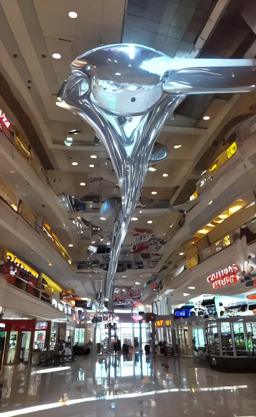 Image similar to photo of a chrome blob hovering in a mall food court, sharp wide shot mallsoft