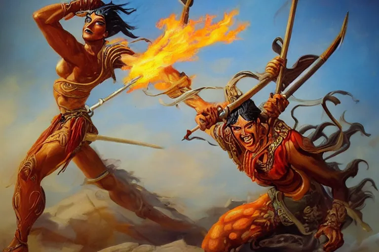 Prompt: A beautiful oil painting of Nezha with two fire wheels and a spear, fighting with a Chinese dragon king, by Boris Vallejo, epic fantasy character art, high fantasy, Exquisite detail, post-processing, low angle, masterpiece, cinematic