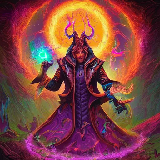 Prompt: digital full character painting of a powerful warlock, hyperdetailed, vivid colors, beautiful, magic spell, by Dan Mumford, trending on Artstation