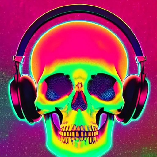 Prompt: human skull with headphones, retrowave, synthwave, psychedelic background with sacred geomerty elements in style of alex gray, digital art, artstation