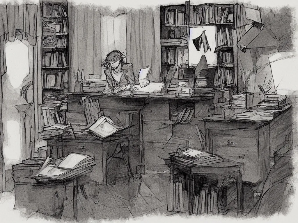 Prompt: detailed concept art of a ghost writing a book in an organized office, by Abigail Larson