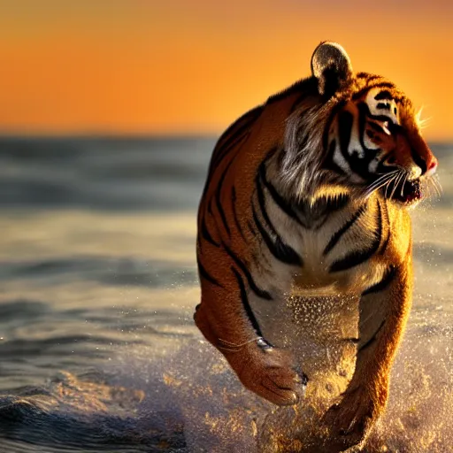 Image similar to a closeup photorealistic photograph of a cute tiger kangaroo hybrid splashing in the surf during sunset. professional capture, well lit shot. this 4 k hd image is trending on artstation, featured on behance, well - rendered, extra crisp, features intricate detail, epic composition and the style of unreal engine.