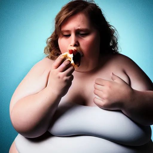Prompt: a morbidly obese woman eating food with belly out, highly detailed, epic lighting, hyper photorealism, 8 k
