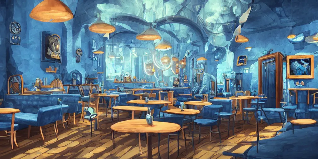 Prompt: cafe interior, blue tones, fantasy art, 2 d game art