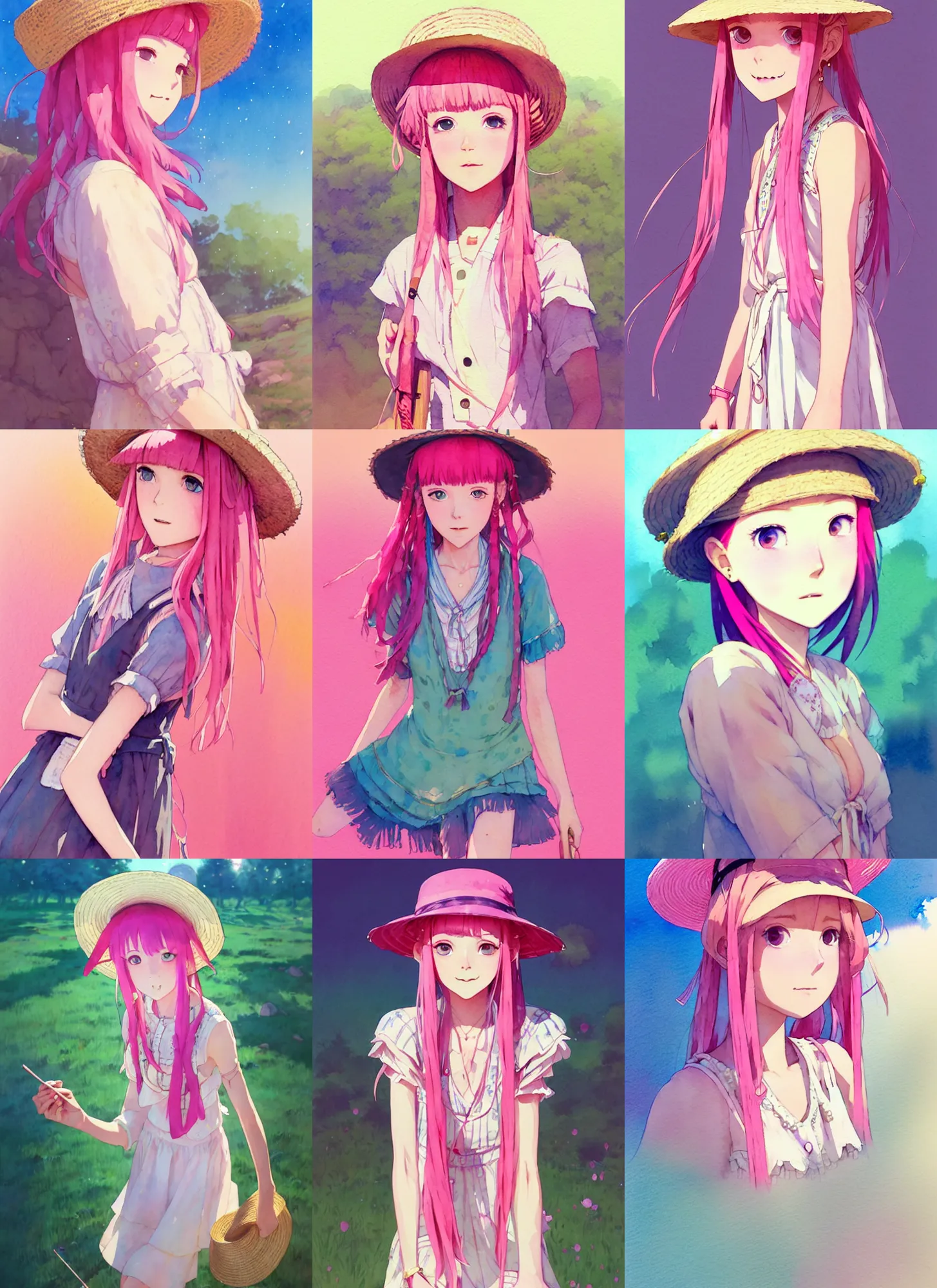 Prompt: portrait of a cute girl with pink hair with straw hat dress in boho style camping, symmetry face, top lighting, cute - fine - face, ( watercolor ), art by hidari and krenz cushart and wenjun lin and starember and kuvshinov ilya and kidmo and conrad roset and shinichi fukuda and makoto shinkai