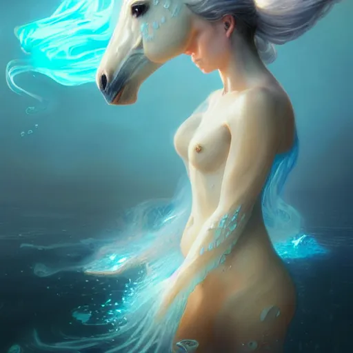 Image similar to a fantastical translucent creature made of water and foam with the shape of a poney, ethereal, radiant, hyperalism, scottish folklore, digital painting, artstation, concept art, smooth, 8 k frostbite 3 engine, ultra detailed, art by artgerm and greg rutkowski and magali villeneuve