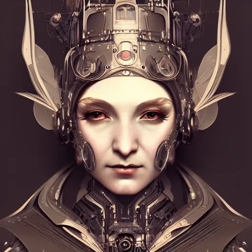 Image similar to dieselpunk robotic elvish empress, extremely detailed, hyperrealistic, intricate, soft light, fantasy, d & d, digital painting, art station, by wlop