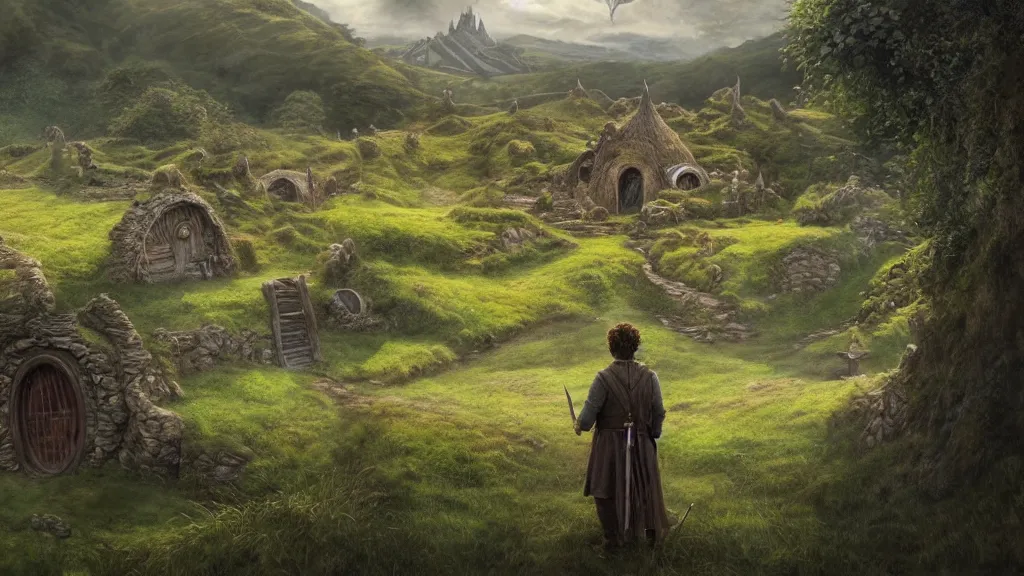 Image similar to frodo standing looking back over hobbiton, bag end visible in the distance, by alan lee, michal karcz, smooth details, lord of the rings, game of thrones, smooth, detailed terrain, oil painting, trending artstation, concept art, fantasy matte painting