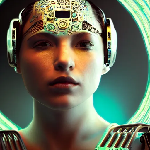 Prompt: beautiful Fine art photo of a young enraptured Morgan Lee as a cyberpunk mayan robotic goddess, photorealistic, centered, highly detailed and intricate, sun lighting, 8k