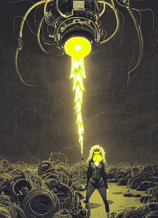 Image similar to highly detailed portrait of wasteland punk long curly bright yellow and white plasma electricity hair tribal lady, stray electric spark wiring by atey ghailan, james gilleard, by joe fenton, by greg rutkowski, by greg tocchini, by kaethe butcher, 4 k resolution, gradient yellow, black and white color scheme!!! ( ( lightning cloudy robotic dystopian city background ) )