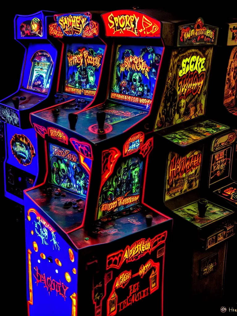 Prompt: haunted arcade machine, spooky, horror, overhead lighting, alluring lights hdr