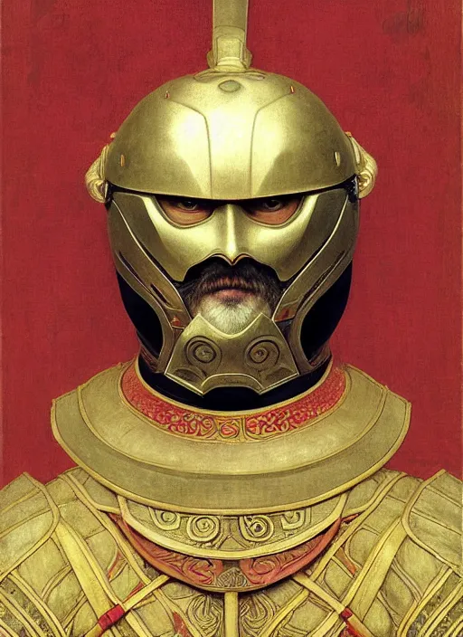 Image similar to portrait of hide the pain harold in a chinese dragon in armor and helmet, majestic, solemn, symmetrical, detailed intricate, hyper realistic, by bouguereau