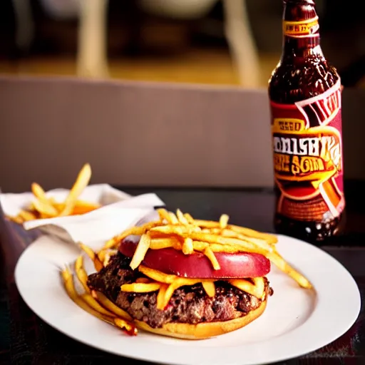 Prompt: kevin bacon portrait eating bacon burger soda fries, award winning food photography