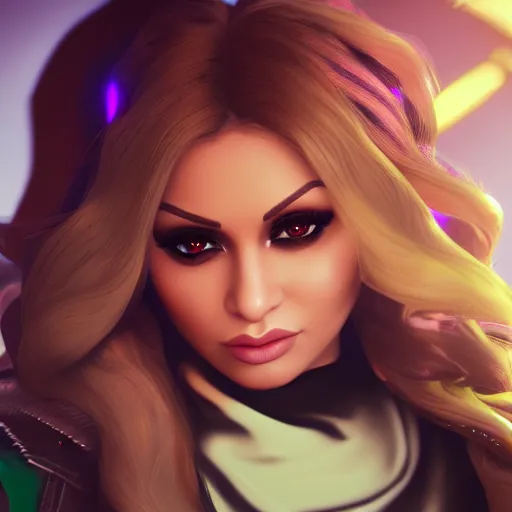 Image similar to portait of haifa wehbe, yellow hair, hd, centred, unreal engine, fortnite style