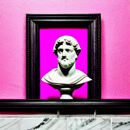 Image similar to a greco - roman marble bust sits on a pink and black checkerboard tile floor, a pink wall in the background with a framed photo of a cityscape at night