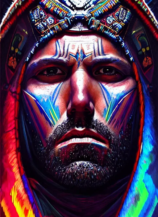 Image similar to portrait of ben affleck, hyper detailed ultra sharp aztec shaman warrior. trending on artstation, warpaint aesthetic, bloodwave, colorful, psychedelic, ornate, intricate, digital painting, concept art, smooth, sharp focus, illustration, art by artgerm and greg rutkowski and h. r. giger, 8 k