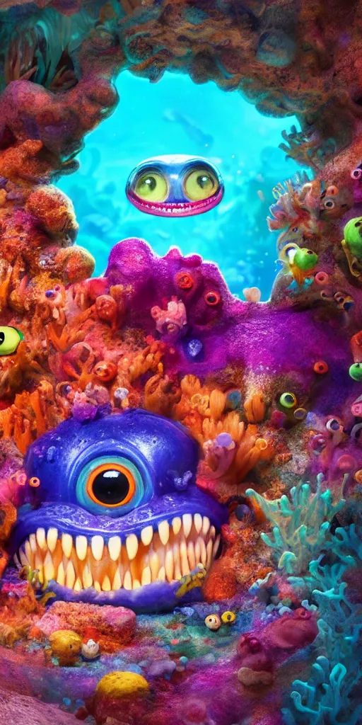 Image similar to of a colorful under water cave with strange cute friendly happy creatures with huge eyes, mouth, long tongue and round teeth appearing from sandy coral, in the style of gehry and gaudi, macro lens, shallow depth of field, ultra detailed, digital painting, trending artstation, concept art, illustration, cinematic lighting, photorealism, epic, octane render