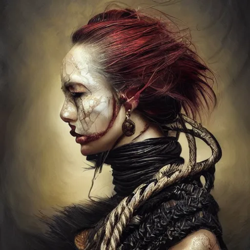 Image similar to portrait of a Shibari rope wrapped face and neck, headshot, insanely nice professional hair style, dramatic hair color, digital painting, of a old 13th century, traveler, amber jewels, baroque, ornate clothing, scifi, realistic, hyperdetailed, chiaroscuro, concept art, art by Franz Hals and Jon Foster and Ayami Kojima and Amano and Karol Bak,