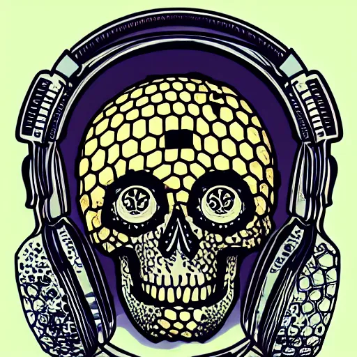 Image similar to skull with honeycomb head wearing headphones, cosmic horror, d&d, technology and magic, high resolution, intricate detail,