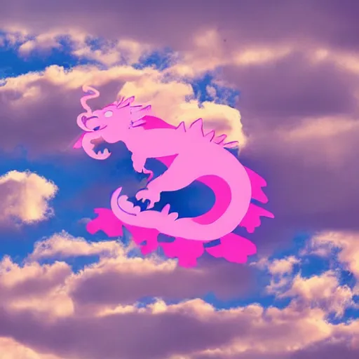 Prompt: a pink cloud in the shape of a dragon with a bright blue background, cloud in the shape of a dragon