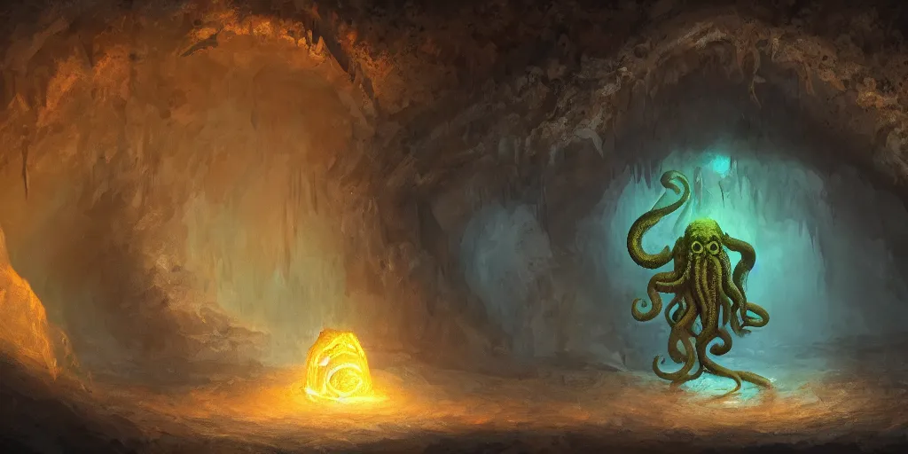 Image similar to a cthulhu in a cave lit only by a hole in the roof where sunbeams are visible, digital painting, artstation, dark