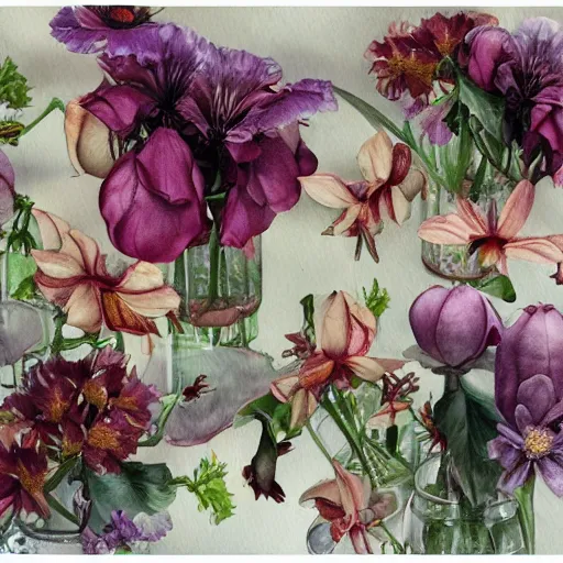 Prompt: watercolor kitchen with flowers by by marco mazzoni, by stephanie law,