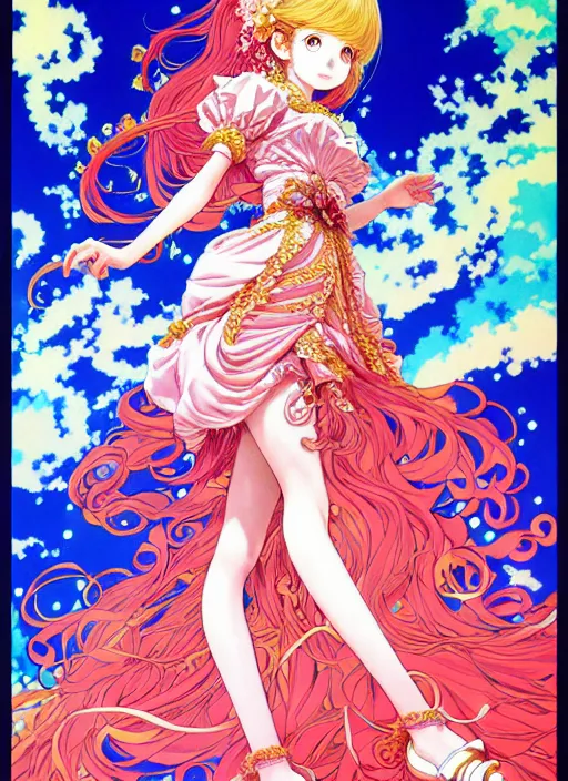 Image similar to exquisite imaginative fate manga poster design of princess, long wavy hair, rococo ruffles dress, fluorescent, illustration, artstation, dark fantastic, highly detailed, 8 k, maximalist, by shigenori soejima, minaba hideo, katsuhiro otomo, jump comics