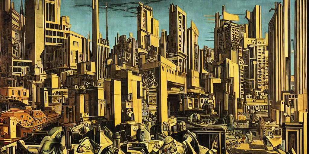 Prompt: friday night in a cyberpunk city by giorgio de chirico