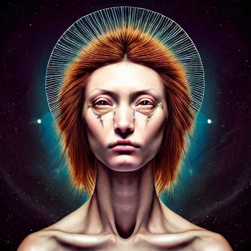 Image similar to Colour Caravaggio style Photography of Beautiful woman with highly detailed 1000 years old face wearing higly detailed sci-fi halo over her head designed by Josan Gonzalez. Many details . In style of Josan Gonzalez and Mike Winkelmann andgreg rutkowski and alphonse muchaand and Caspar David Friedrich and Stephen Hickman and James Gurney and Hiromasa Ogura. volumetric natural light