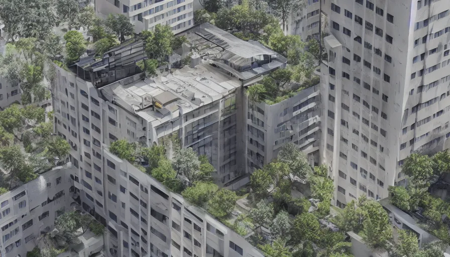 Prompt: the internal structure of modern american apartments is four stories high and there is a huge water storage tank on the roof, hyper realism, realistic shading, cinematic composition, realistic render, octane render, detailed textures, photorealistic, wide shot