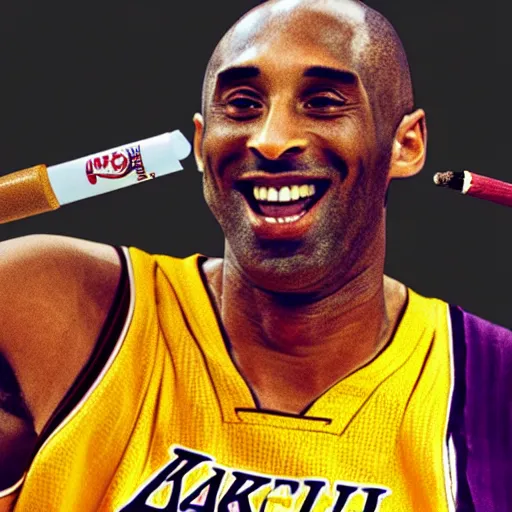 Image similar to selfie of kobe bryant holding a giant cigarette in a helicopter filled with smoke, 8k resolution, hyper detailed, shot in the air