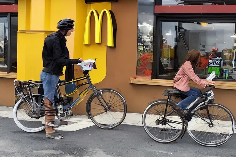 Image similar to cyclist in toilet!!! inside mcdonalds is eating donuts!!! and drinking yerba!!! mate