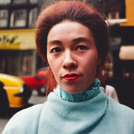 Image similar to medium format film candid portrait of a woman in new york by street film photographer, 1 9 6 0 s, woman portrait featured on unsplash, photographed on colour expired film