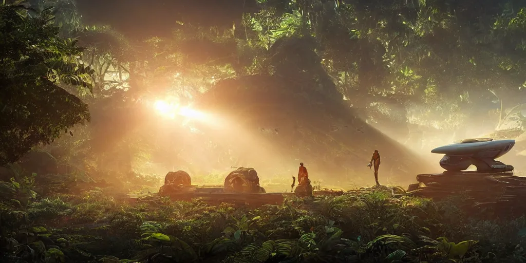 Image similar to a futuristic rusty old spaceship, on a landing pad, surrounded by a lush jungle, in the foreground two explorers are having a conversation, golden hour, sun beams, volumetric light, hyperdetailed, artstation, cgsociety, 8k