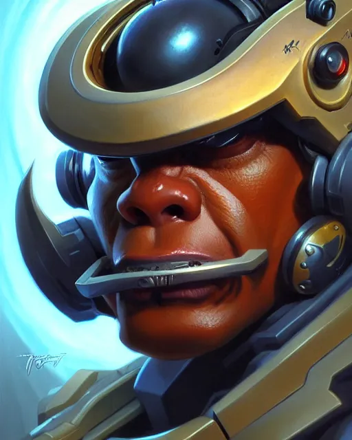 Image similar to winston from overwatch, character portrait, portrait, close up, highly detailed, intricate detail, amazing detail, sharp focus, vintage fantasy art, vintage sci - fi art, radiant light, caustics, by boris vallejo