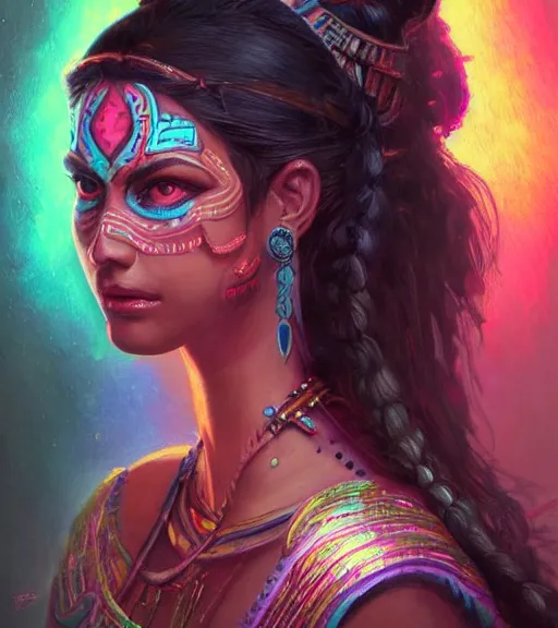 Image similar to beautiful intricate exquisite mayan princess realistic face, beautiful eyes, neon colors, drawing, in the style of greg rutkowski, fantasy, amazing detail, epic, intricate, elegant, smooth, sharp focus