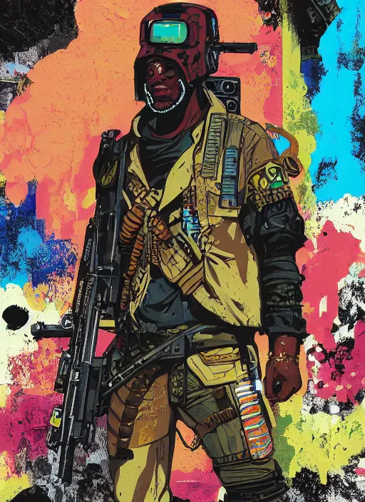 Image similar to chidi igwe. cyberpunk mercenary in combat vest. portrait illustration, pop art, splash painting, art by geof darrow, ashley wood, alphonse mucha, makoto shinkai