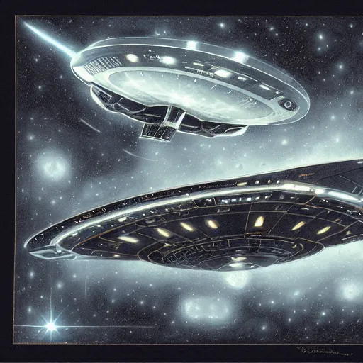 Image similar to black background, symmetry, starship enterprise, by jean - baptiste monge