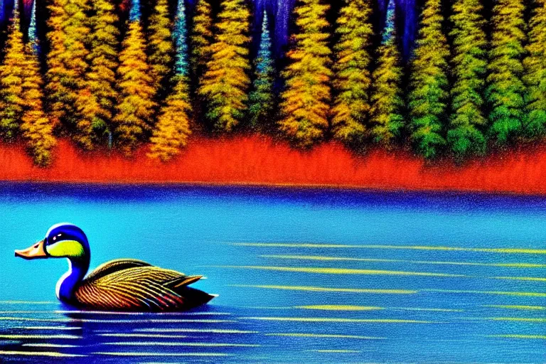 Image similar to a colorful fantasy mallard floating on an alpine lake in the mountains, cascadia, cabin, mountains, sunset by bob ross
