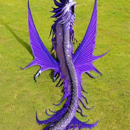 Prompt: s 1288948815 a 128 foot tall silver western dragon with purple accents, having a 360 foot long wingspan; The scales smooth and streamlined, while jutting out at the elbows and crest and spine; with a head of streamlined elegance; with two wings; with long elegant tail; with 4 limbs and 4 claws on each foot; deviantart, furaffinity, high quality