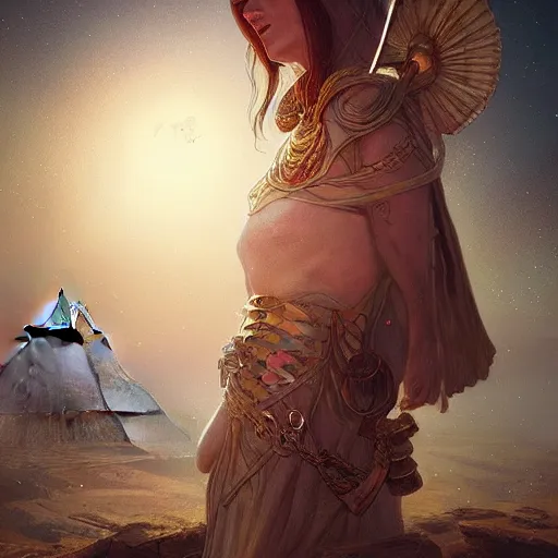 Prompt: “an interdimensional explorer, wandering through the desert, afterlife, Egyptian, D&D, fantasy, intricate, cinematic lighting, highly detailed, digital painting, artstation, concept art, smooth, sharp focus, illustration, art by Artgerm and Greg Rutkowski and Alphonse Mucha”