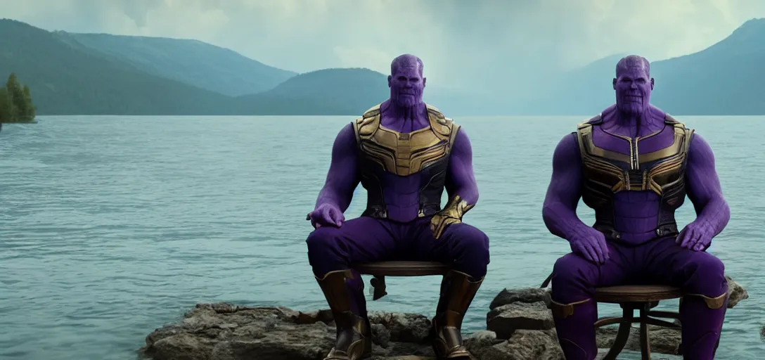 Image similar to a very high resolution image from a new movie. thanos sitting on chair in a lake, photorealistic, photography, directed by wes anderson