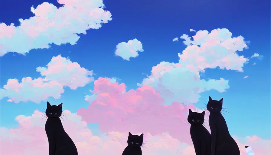 Image similar to highly detailed contemporary acrylic painting of really tall sitting cats by makoto shinkai, thick brush strokes and visible paint layers, glistening clouds in background, light blue black, white and pink vivid pastel color scheme