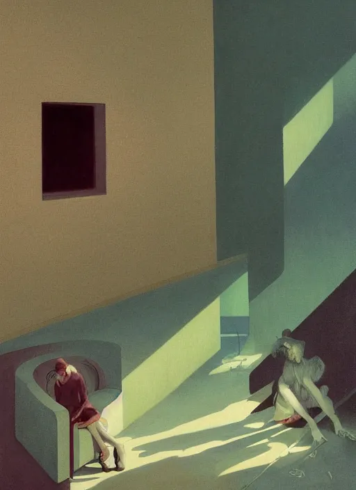 Image similar to time does not exist anymore by edward hopper and james gilleard, zdzislaw beksinski, overgrown vegetation, open ceiling, highly detailed, painted by francis bacon, painted by james gilleard, airbrush, ilya kuvshinov, wlop, stanley artgerm, very coherent, art by takato yamamoto and james jean