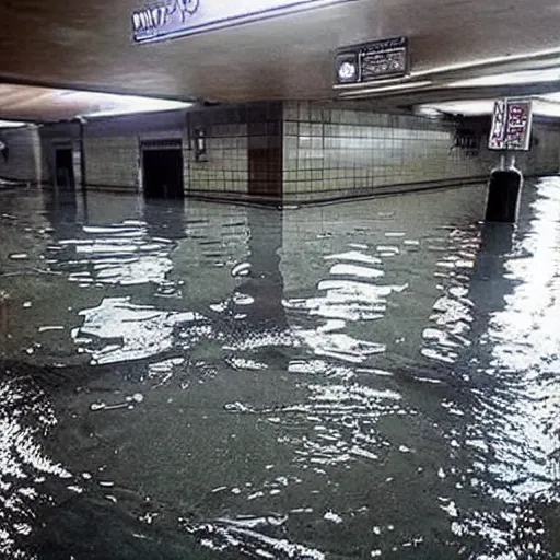 Image similar to photo of a subway station, the floor is flooded with one meter deep water. eerie