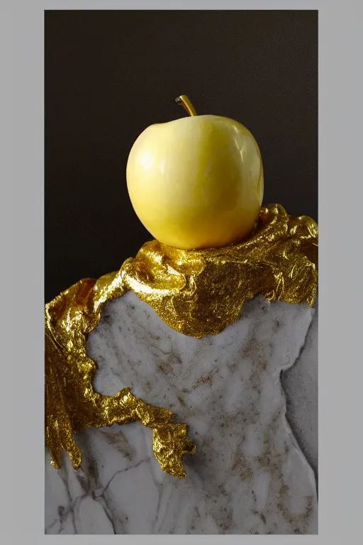 Prompt: Photo of a calacatta marble sculpture of an apple with dripping gold paint, studio lighting, high resolution, award winning.