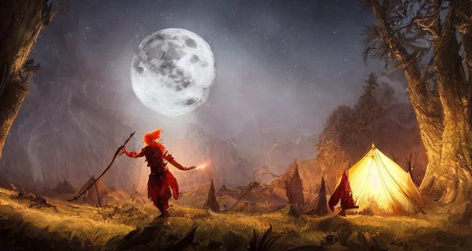 Prompt: an epic fantasy adventurer's camp with a hide tent at night with a full moon, a single adventurer with red hair playing an instument, 4 k, extremely detailed. award winning, trending on artstation, 8 k, ultra wide angle