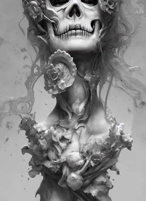Image similar to a woman wearing a white mask with an ornate skull on her face, a marble sculpture by bastien lecouffe - deharme, featured on zbrush central, gothic art, zbrush, marble sculpture, grotesque