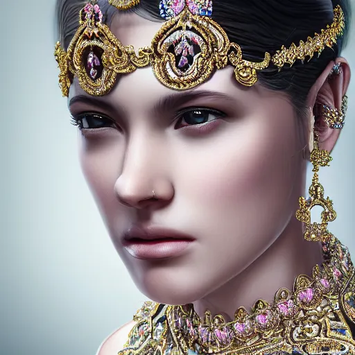 Image similar to portrait of pretty princess with perfect skin, glowing, ornate and intricate diamond jewelry, jaw dropping beauty, ornate and intricate backdrop, white accent lighting, hyper detailed, 4 k octane render